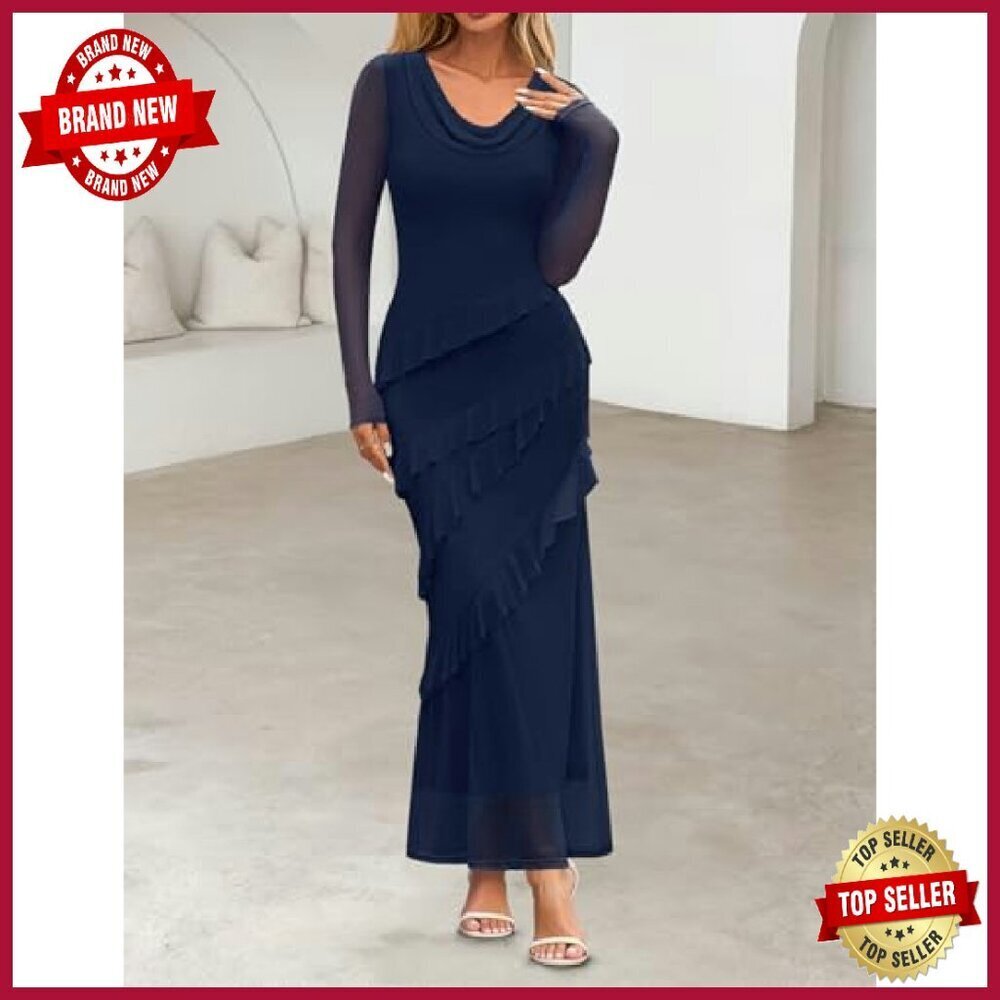 Long Sleeve Maxi Dress Cowl Neck Bodycon Formal Wedding Guest - Picture 6 of 8